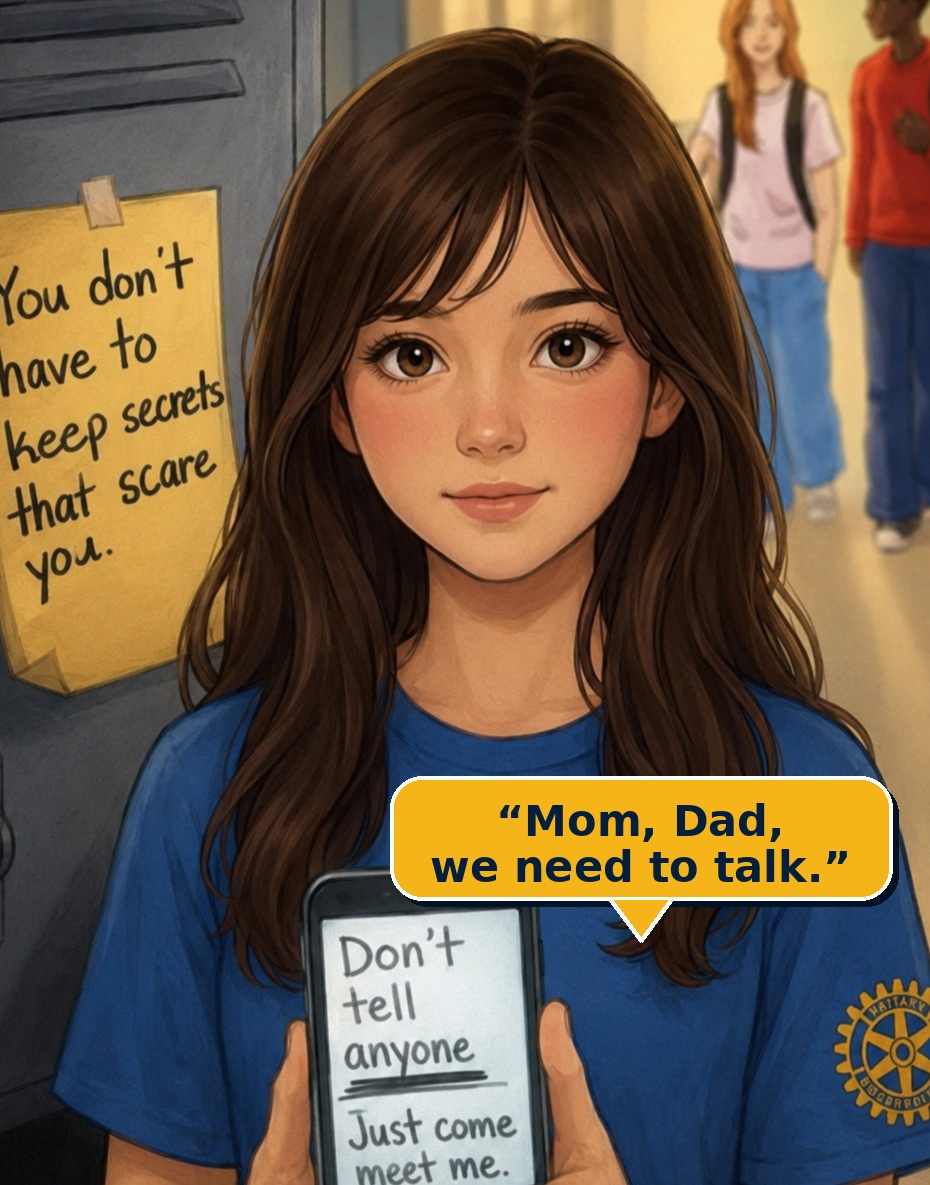 Illustration of a student holding a phone with an unsafe message, standing near a school locker.